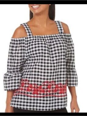 Harlow & Rose for Anthropology Cold-Shoulder Gingham Top w Red Embroidered Hem L